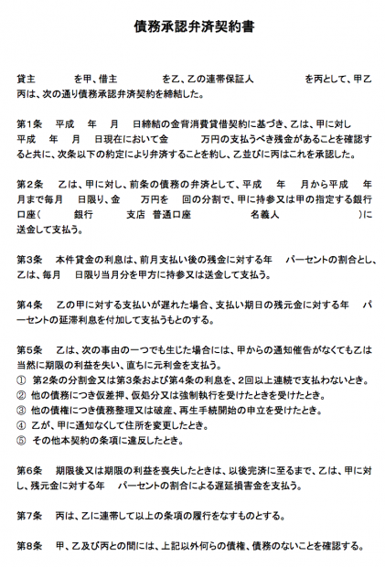 債務承認弁済契約書の一例