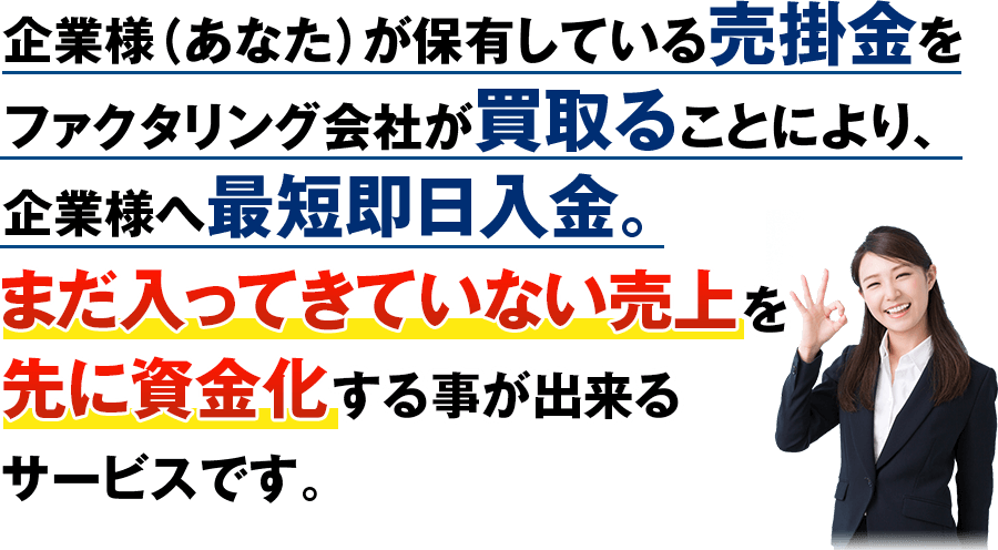 企業様（あなた）が保有している売掛金をファクタリング会社が買取ることにより、企業様へ最短即日入金。まだ入ってきていない売上先に資金化する事が出来るサービスです。